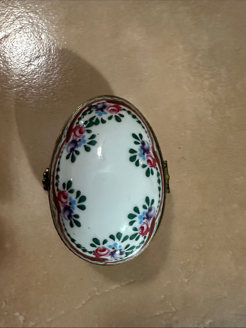 Porcelain Floral Egg Trinket Box - White with Pink & Purple Accents